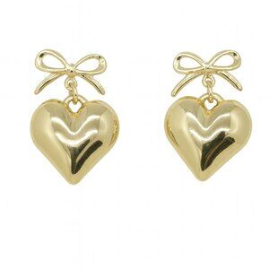 Dainty Gold Bow & Puffy Heart Drop Dangle Earrings - NWT